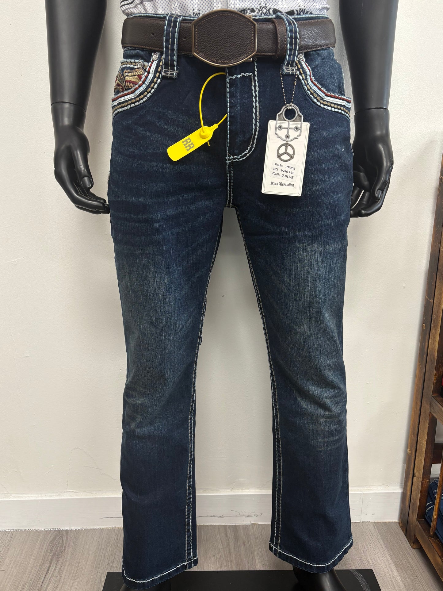 Rock Revolution Mens Designed Straight Jeans - Dark Blue RR001