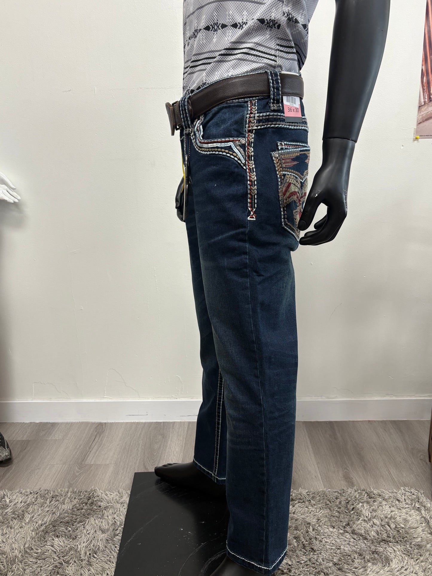 Rock Revolution Mens Designed Straight Jeans - Dark Blue RR001