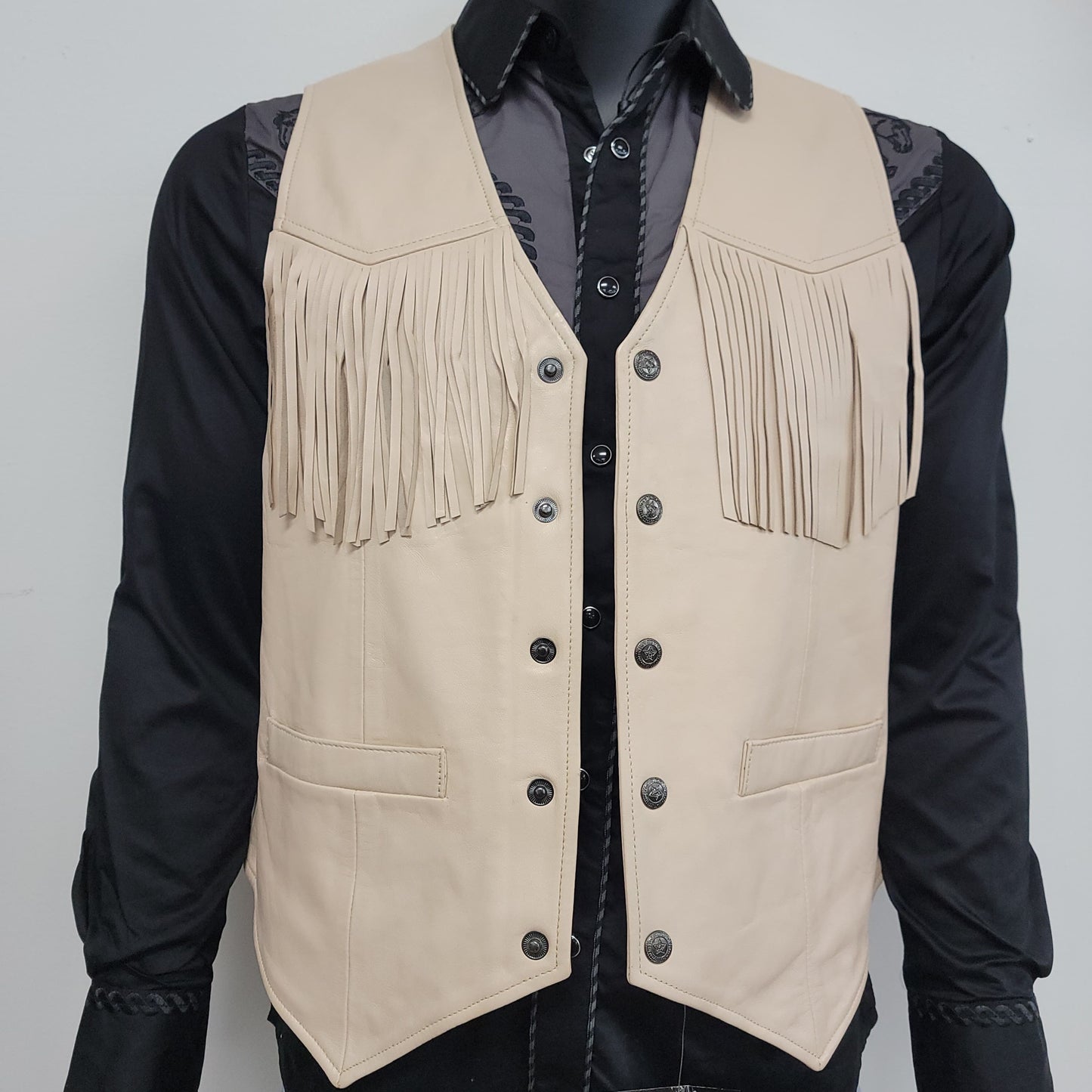 AJ Mens Western Fringe Leather Vest – Beige