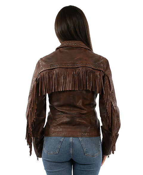 Scully Womens Studded Fringe Leather Jacket - Cognac