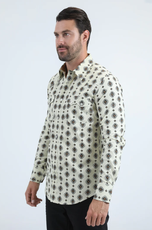 Platini Mens Western Modern Fit Shirt with Snaps - Beige