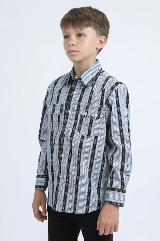 Platini Boys Western Modern Fit Cotton/Spandex Long Sleeve Black Shirt with Snaps