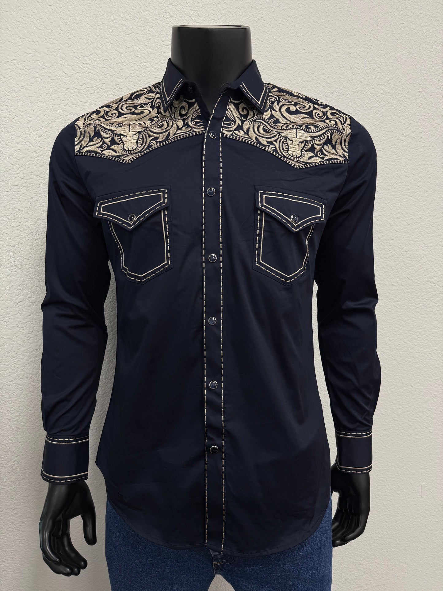 Montero Mens Western Embroidered Bull Long Sleeve Shirt - Black, Navy, White