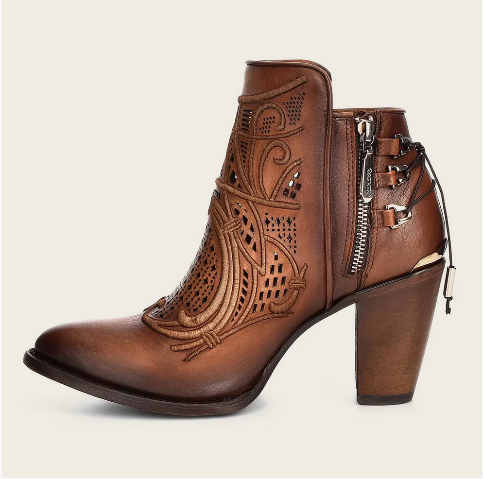 Cuadra Womens Emroidered High Heel Bootie - Honey Chestnut