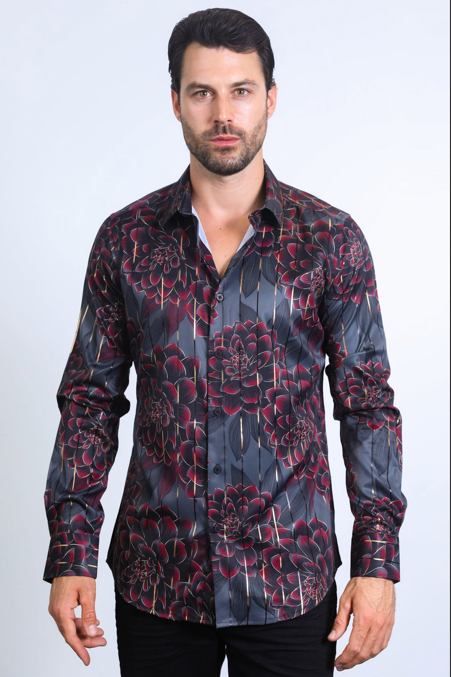 Platini Mens Modern Fit Stretch Floral Print Shirt (Black)