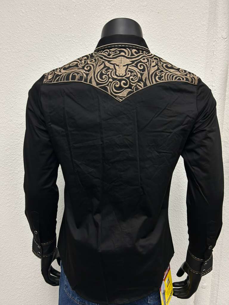Montero Mens Western Embroidered Bull Long Sleeve Shirt - Black, Navy, White