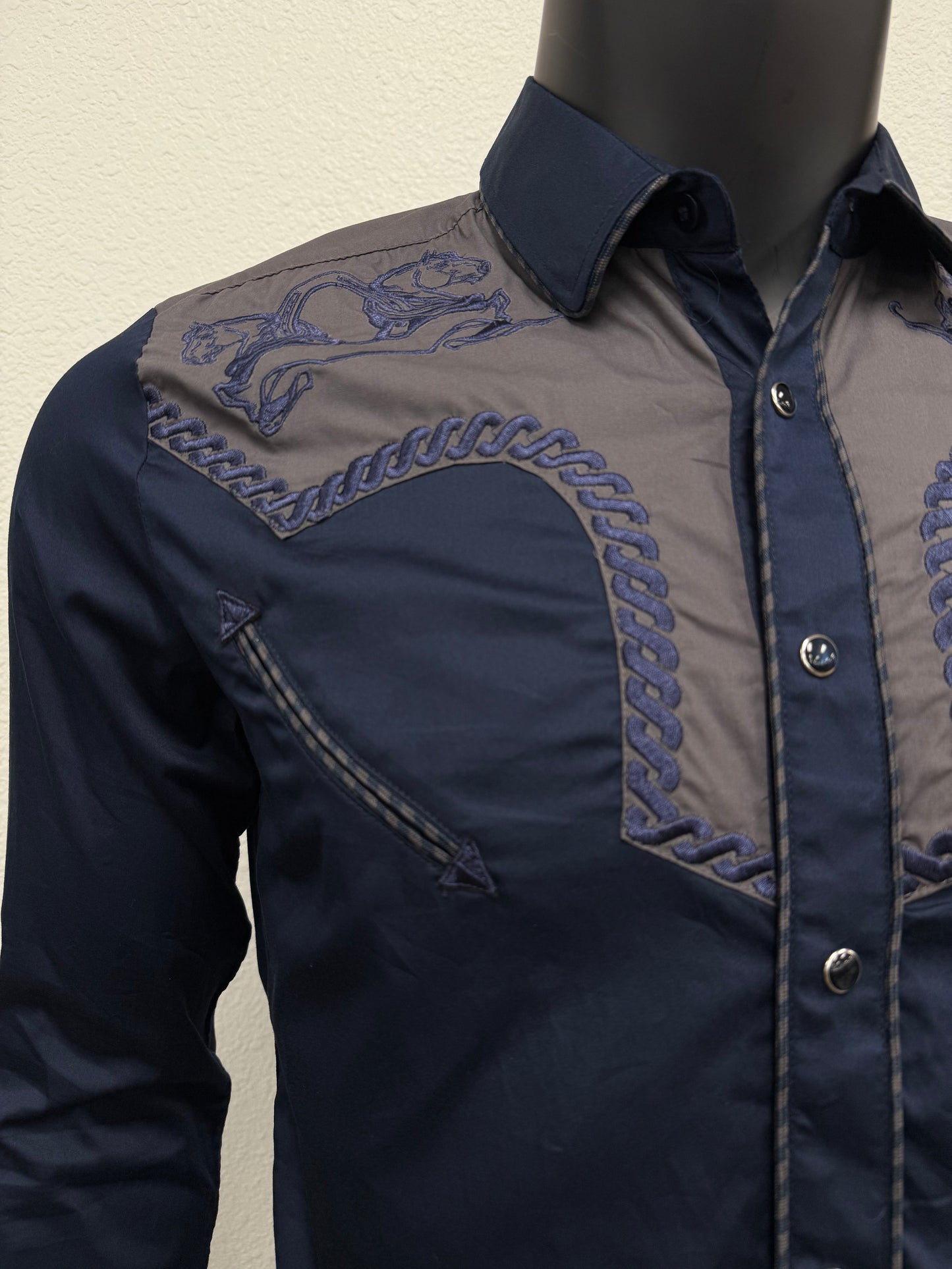 Montero Mens Western Horse Embroidered Long-Sleeve Shirt - Black, Navy