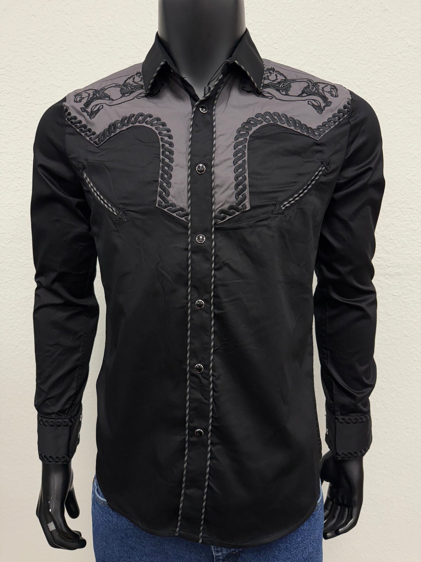 Montero Mens Western Horse Embroidered Long-Sleeve Shirt - Black, Navy