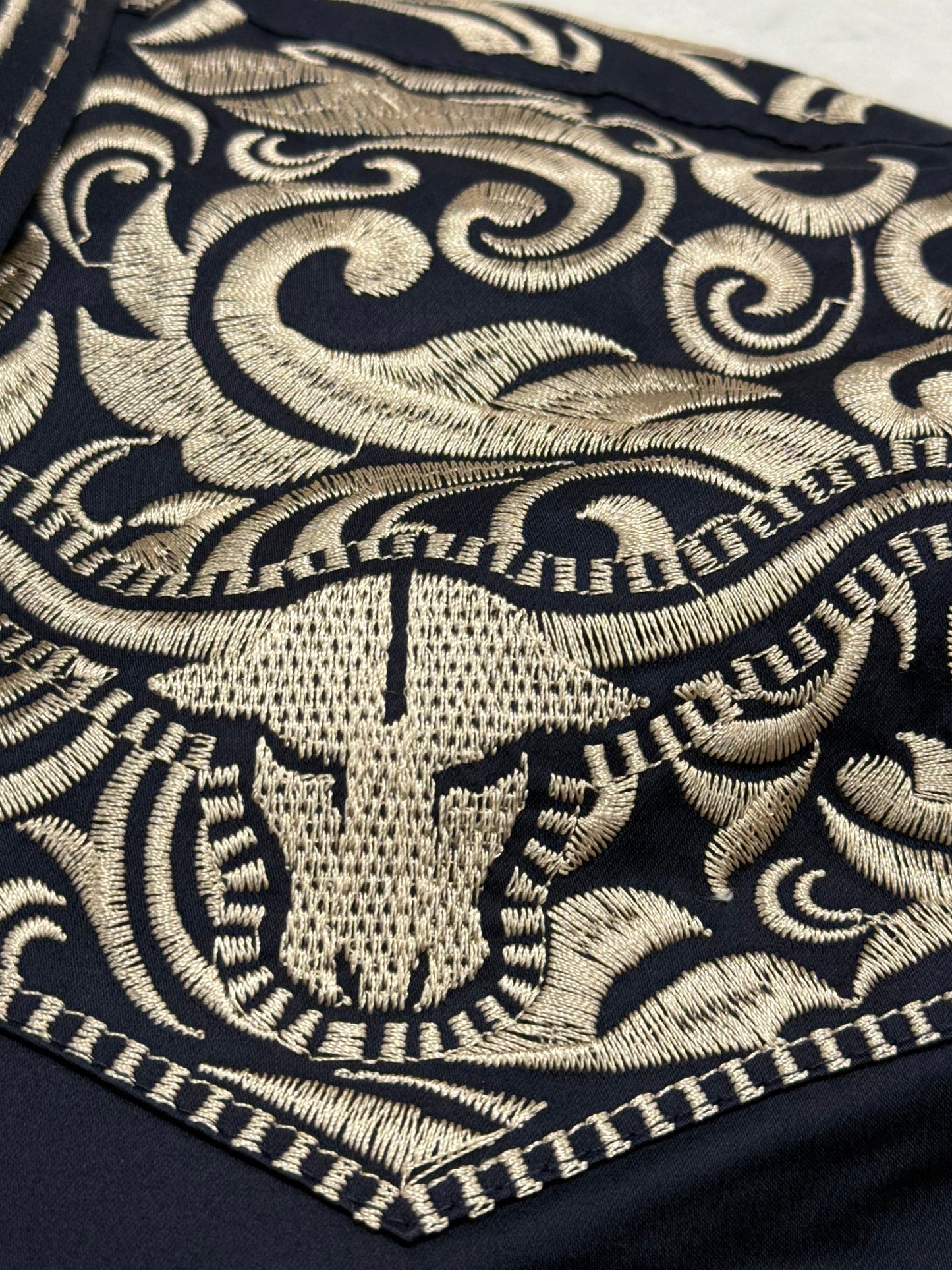 Montero Mens Western Embroidered Bull Long Sleeve Shirt - Black, Navy, White