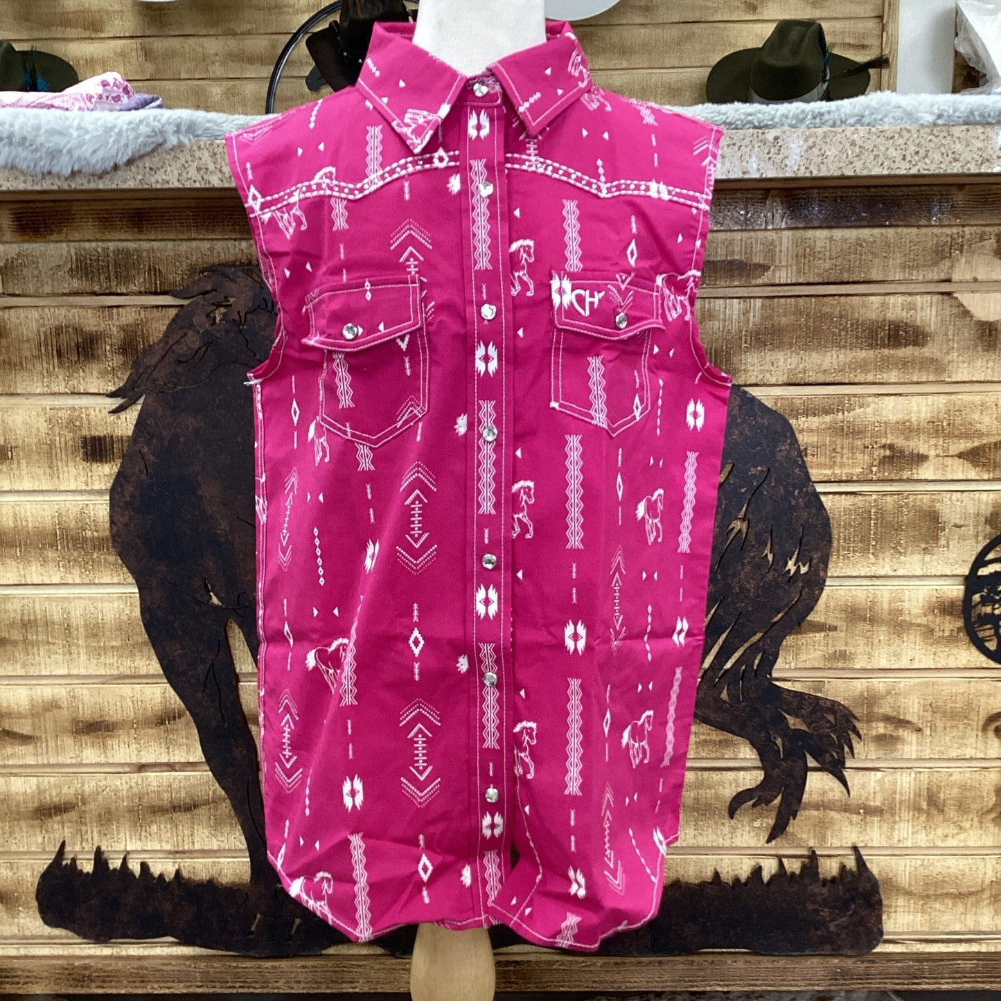 Cowgirl Hardware Kids Horse Aztec Sleeveless Shirt- Pink/White