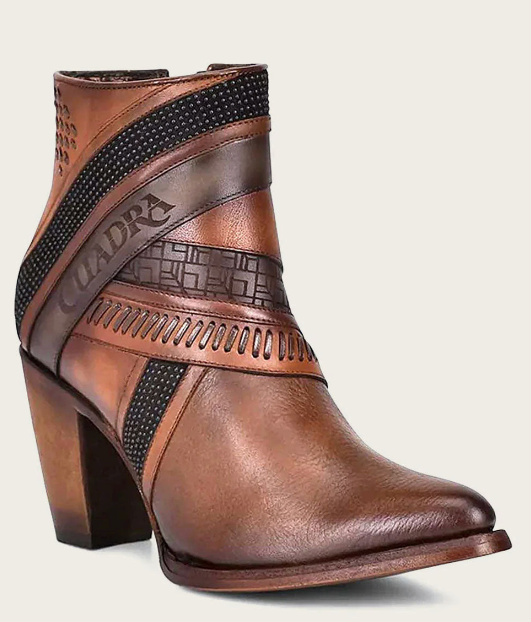 Cuadra Womens Engraved Bovine Leather High Heel Bootie - Honey