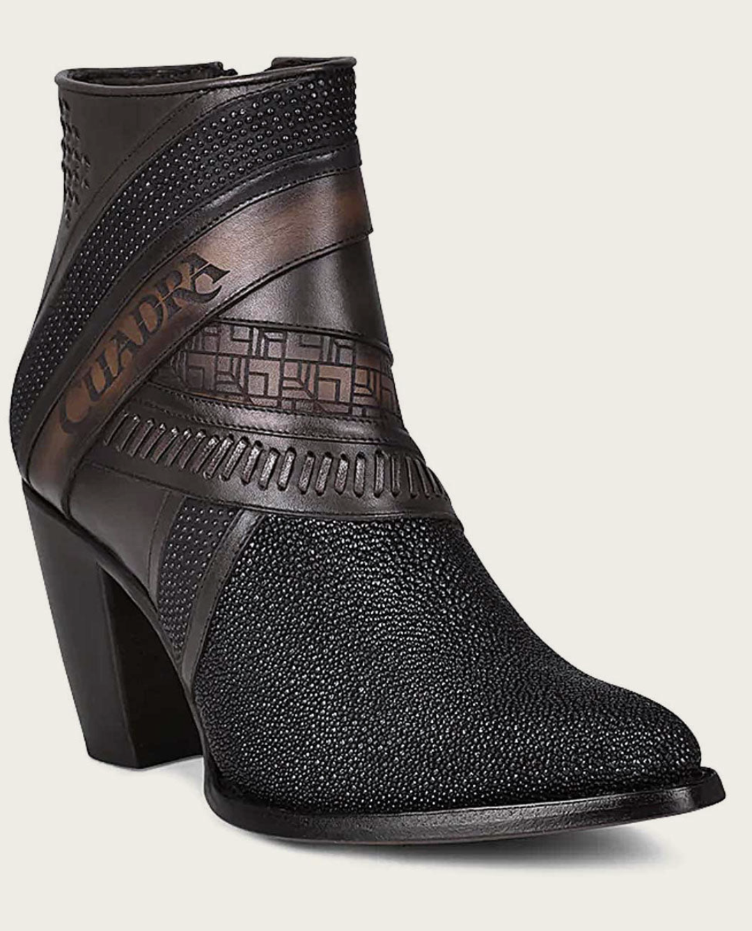 Cuadra Womens Stingray Laser and Woven High Heel Bootie - Black