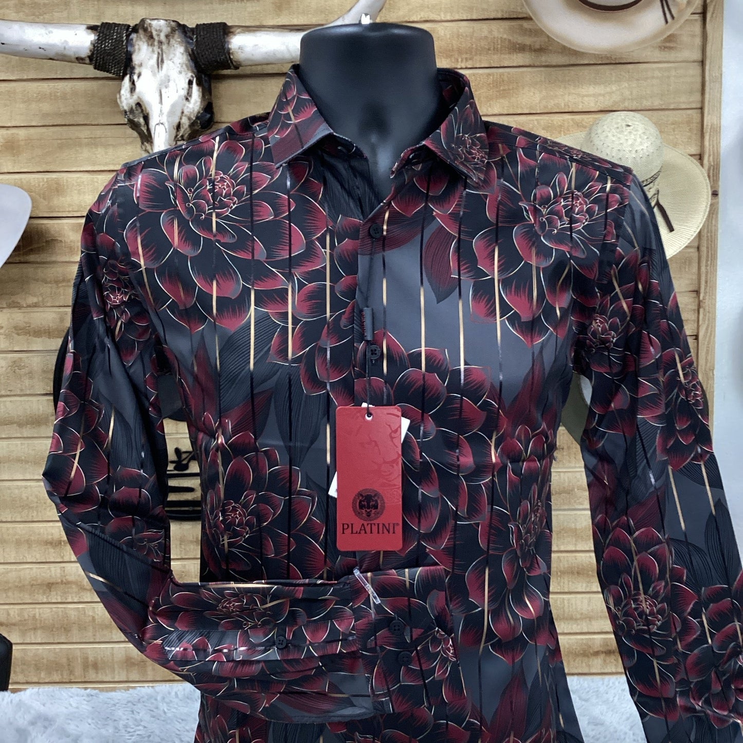Platini Mens Modern Fit Stretch Floral Print Shirt (Black)