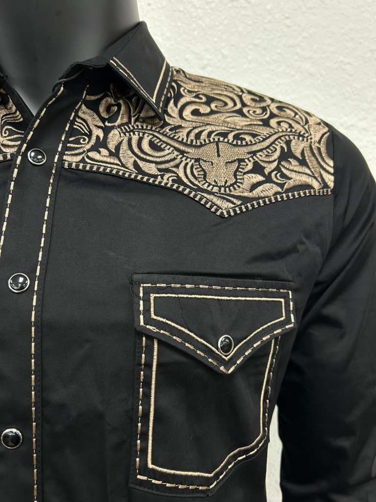 Montero Mens Western Embroidered Bull Long Sleeve Shirt - Black, Navy, White