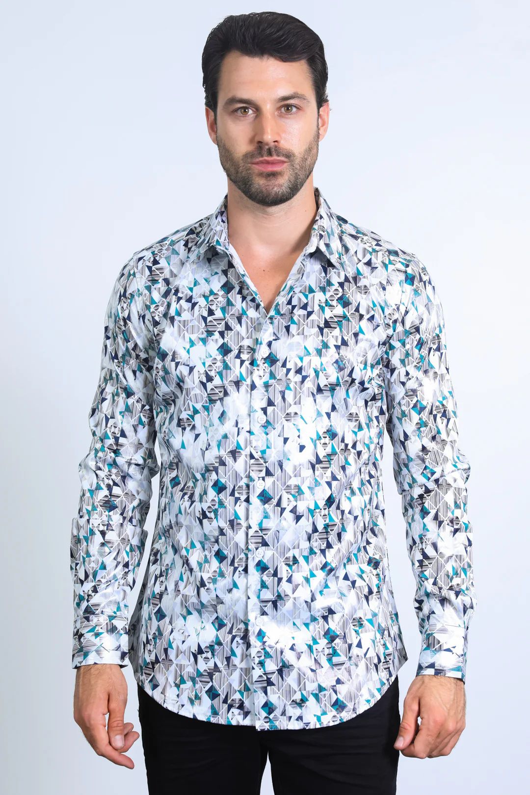 Platini Mens Shirt Modern Fit Stretch Foil Fashion (white/grey)