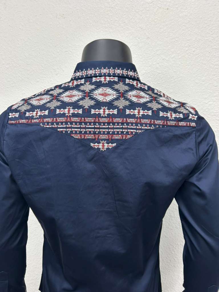 Lamasini Mens Aztec Style Embroidery Long Sleeve Shirt - Black, Navy, White, Olive
