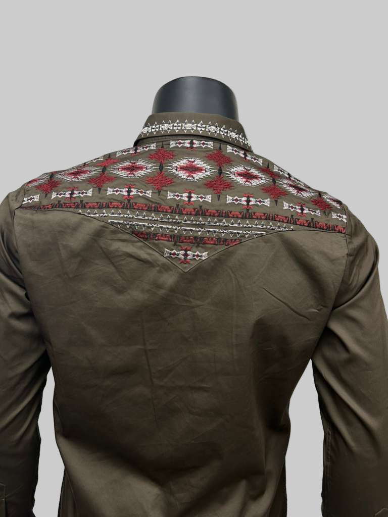 Lamasini Mens Aztec Style Embroidery Long Sleeve Shirt - Black, Navy, White, Olive