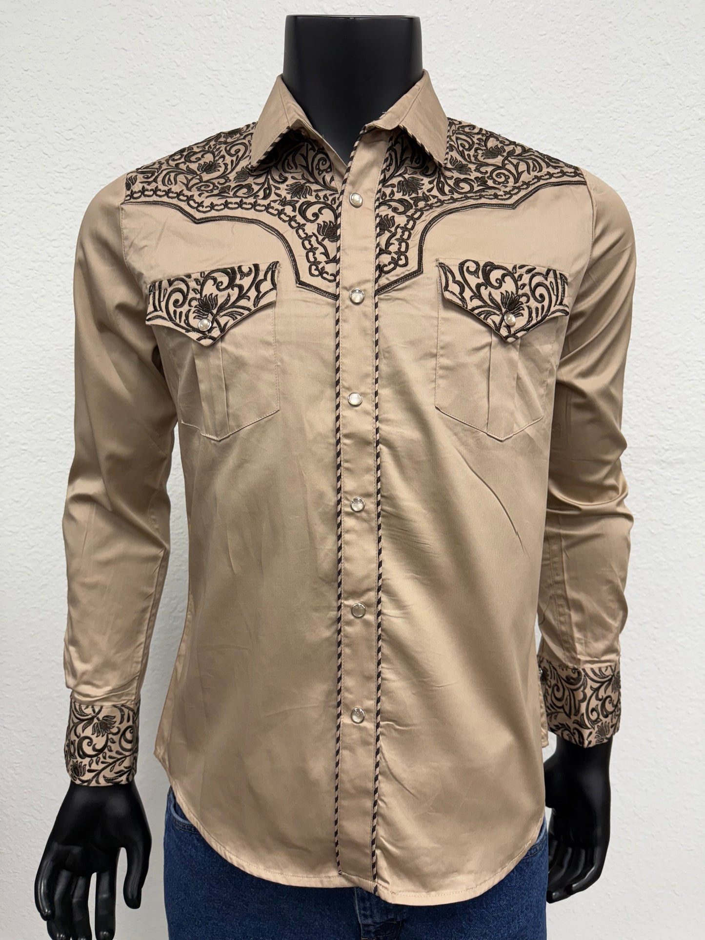 Lamasini Mens Western Embroidered Floral Long-Sleeve Shirt - Beige
