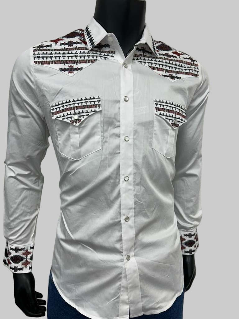 Lamasini Mens Aztec Style Embroidery Long Sleeve Shirt - Black, Navy, White, Olive