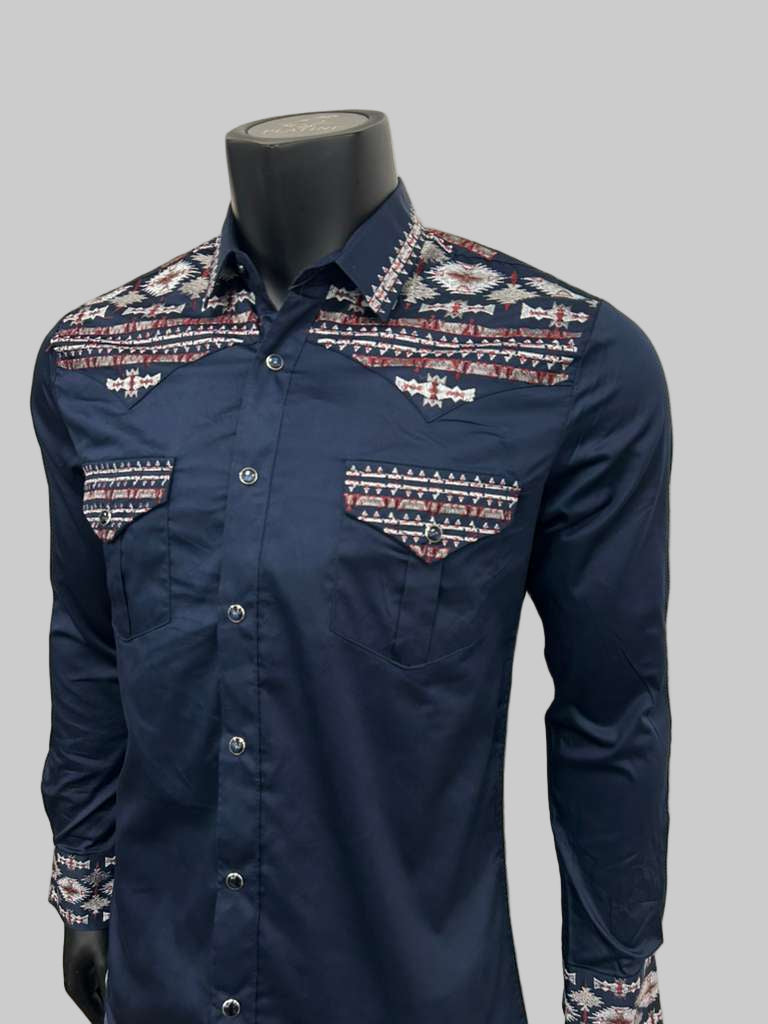 Lamasini Mens Aztec Style Embroidery Long Sleeve Shirt - Black, Navy, White, Olive