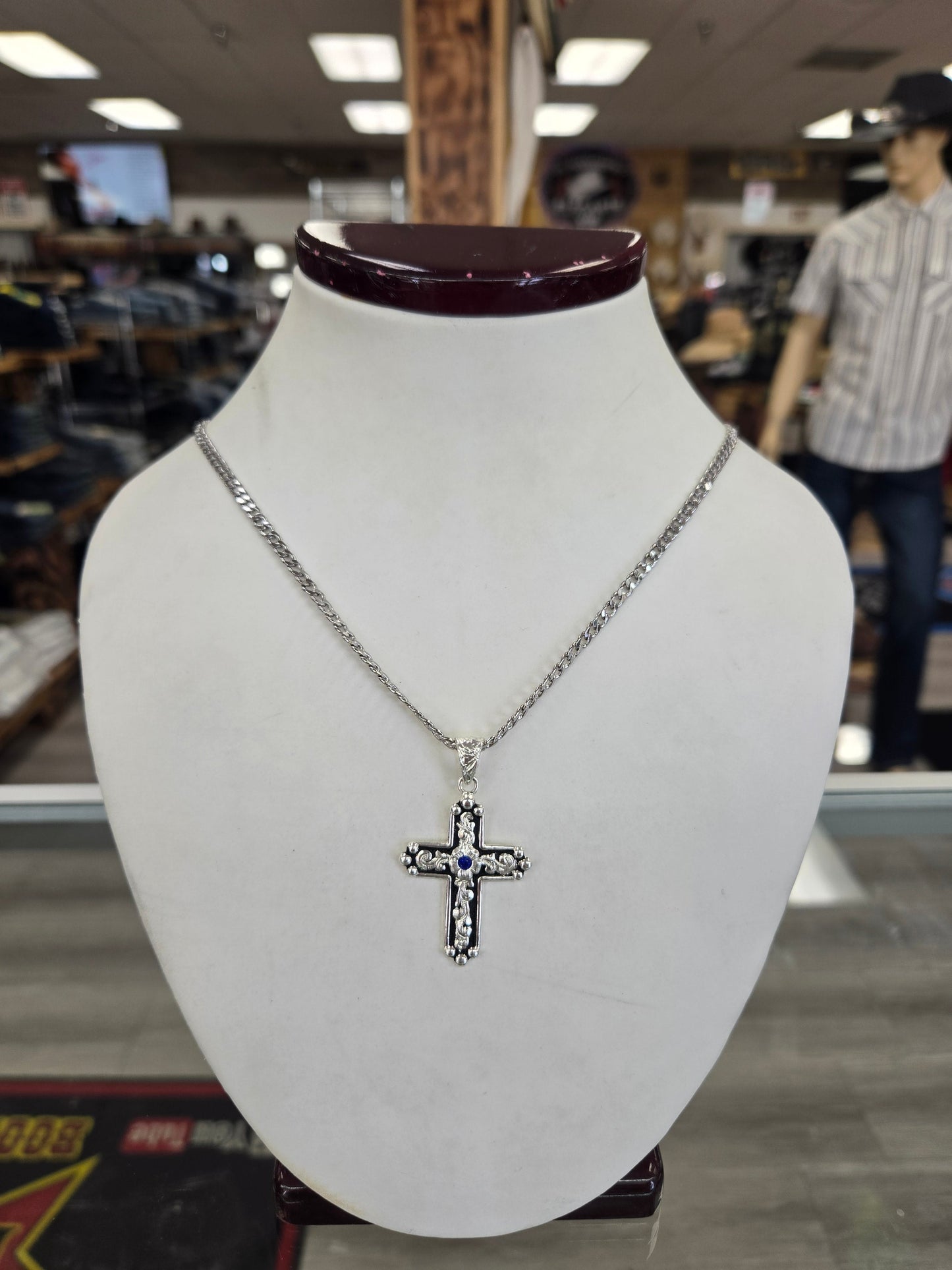 Silver Strike Silver & Black Blue Stone Cross Necklace