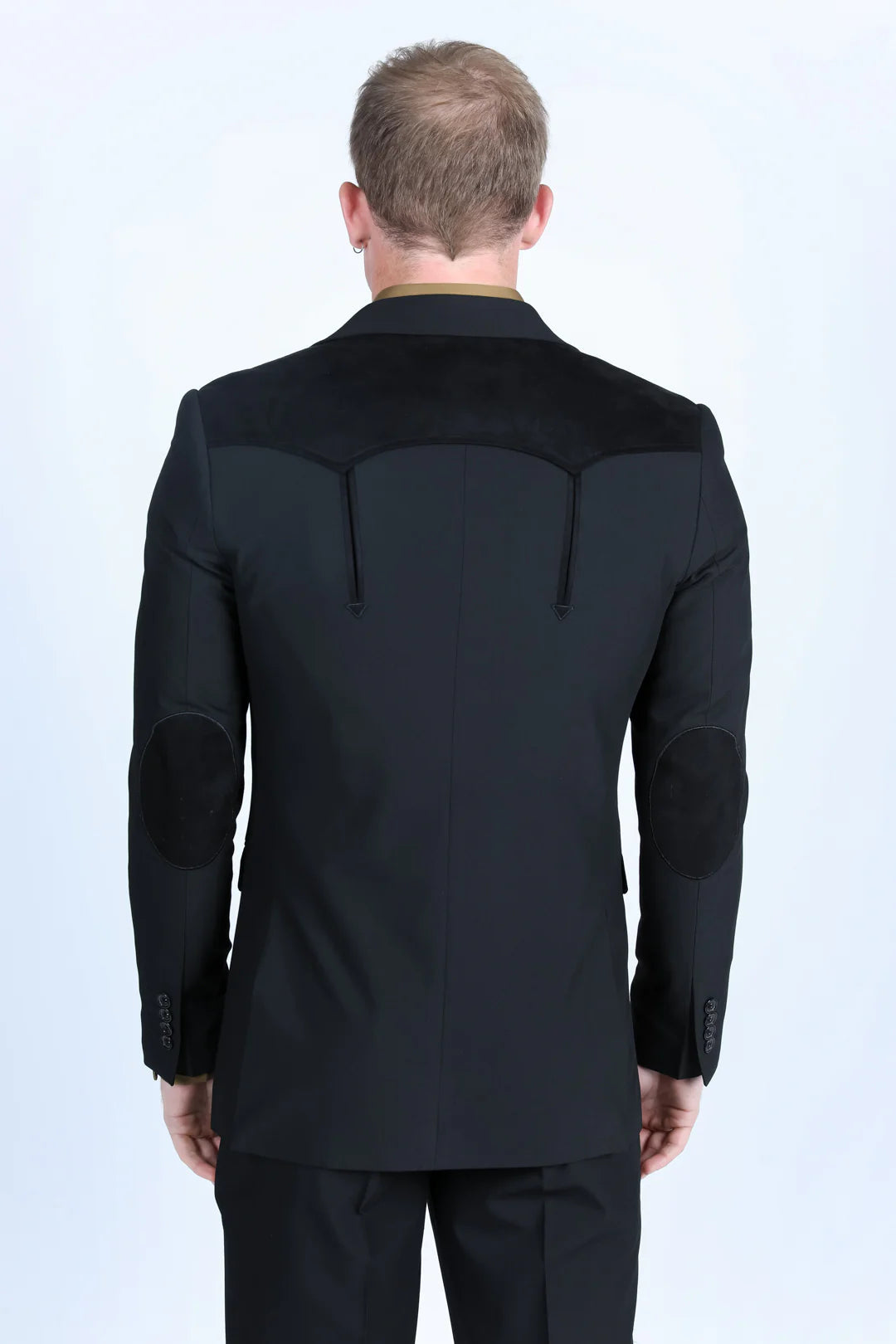 Platini Mens Coat with Suede Yokes and Elbow Patches (Black)