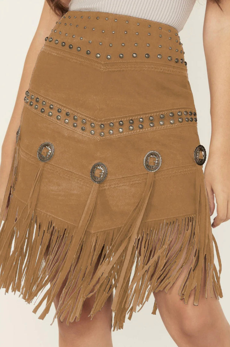 Fornia Womens Concho Fringe Skirt - Camel
