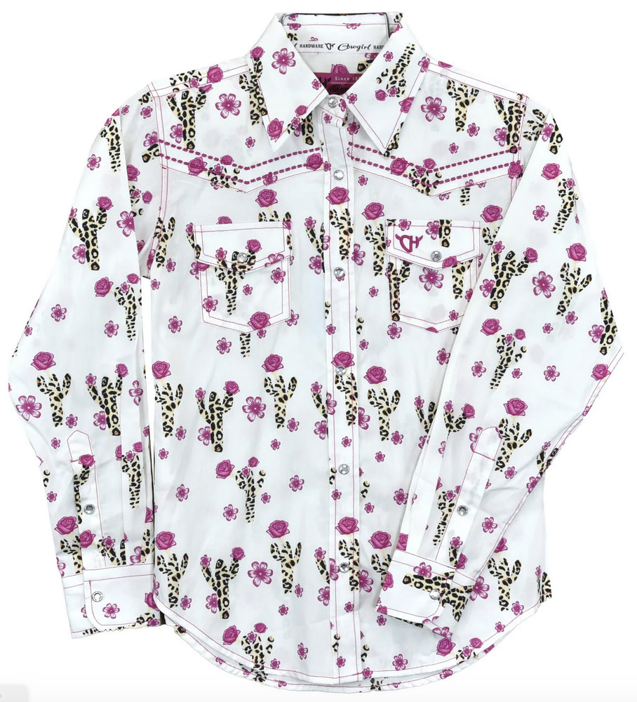 Cowgirl Hardware Kids Leopord Cactus Print Shirt - White/Pink