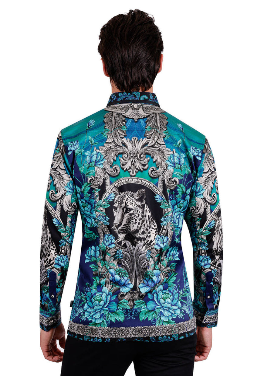 Barabas Mens Tending Flair Rhinestone Long Sleeve Shirt (Navy)