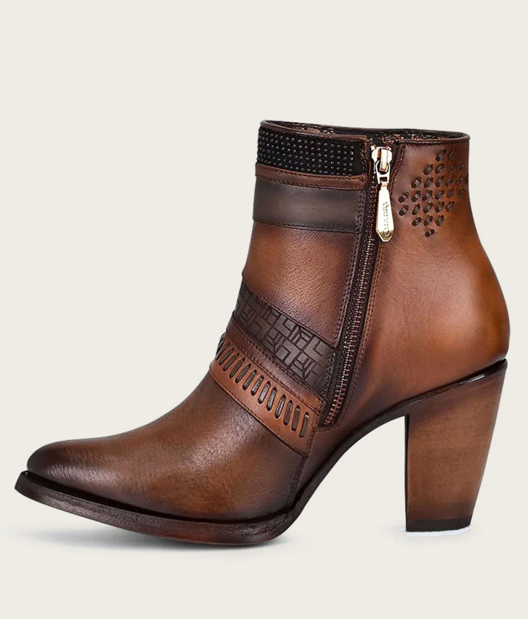Cuadra Womens Engraved Bovine Leather High Heel Bootie - Honey