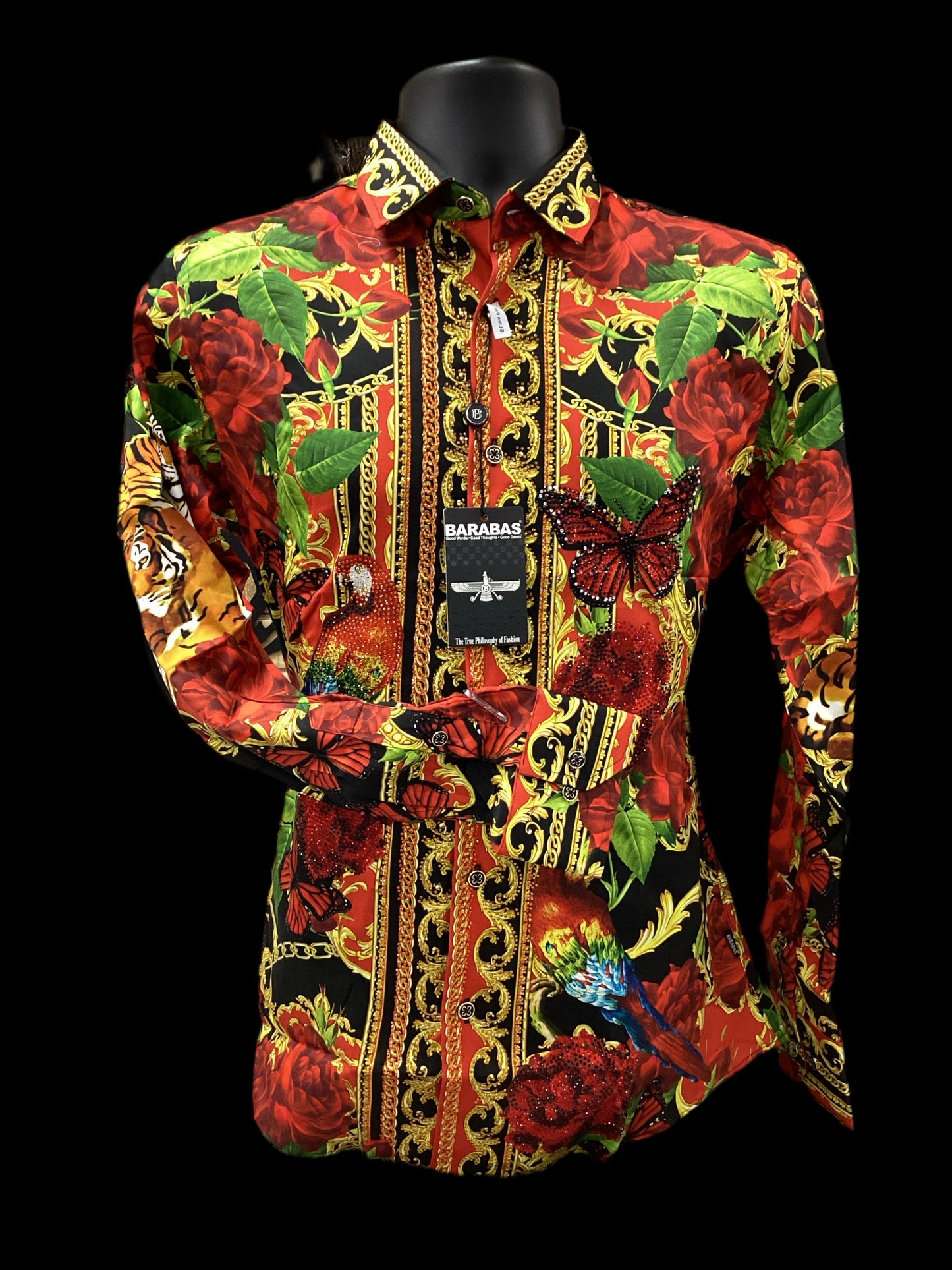 Barabas MenS Shirt Tiger and Butterfly Rhinestone