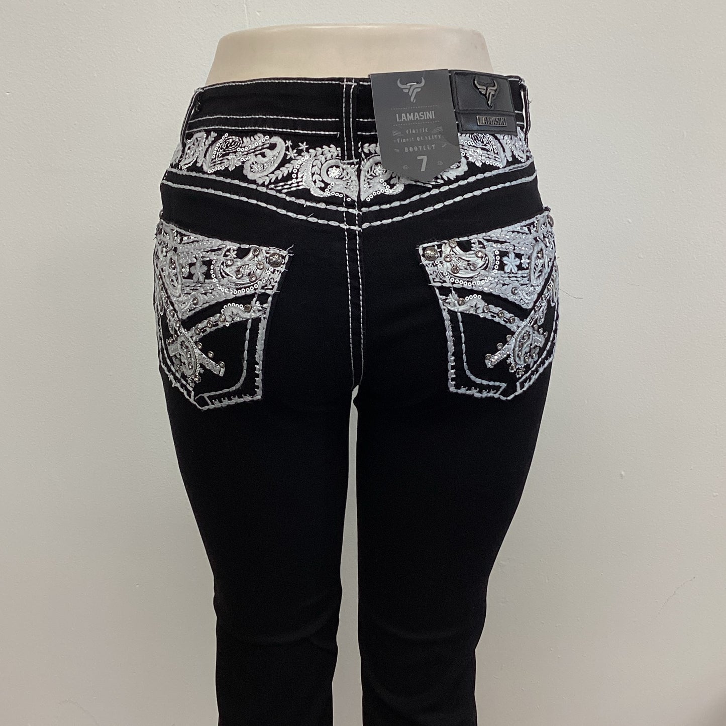 Lamasini Womens Black Silver Scroll Bootcut Jean L763