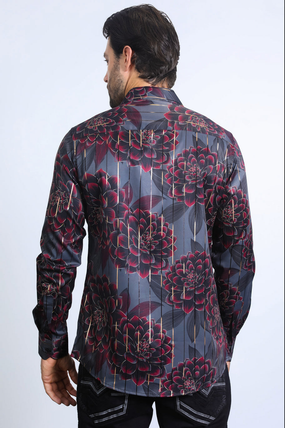 Platini Mens Modern Fit Stretch Floral Print Shirt (Black)