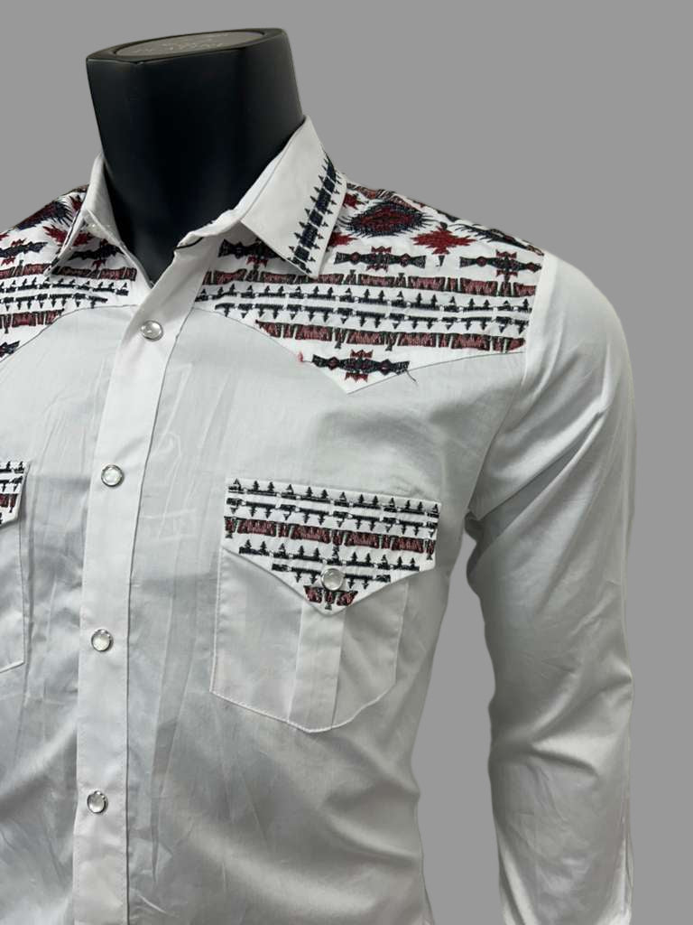 Lamasini Mens Aztec Style Embroidery Long Sleeve Shirt - Black, Navy, White, Olive