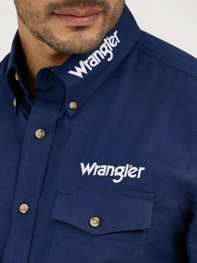 Wrangler Mens Logo Long Sleeve Button Down Solid Shirt (Navy)