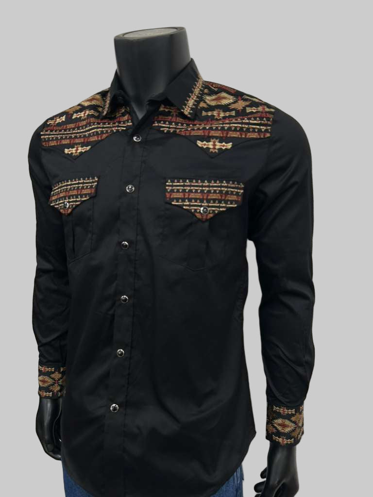 Lamasini Mens Aztec Style Embroidery Long Sleeve Shirt - Black, Navy, White, Olive