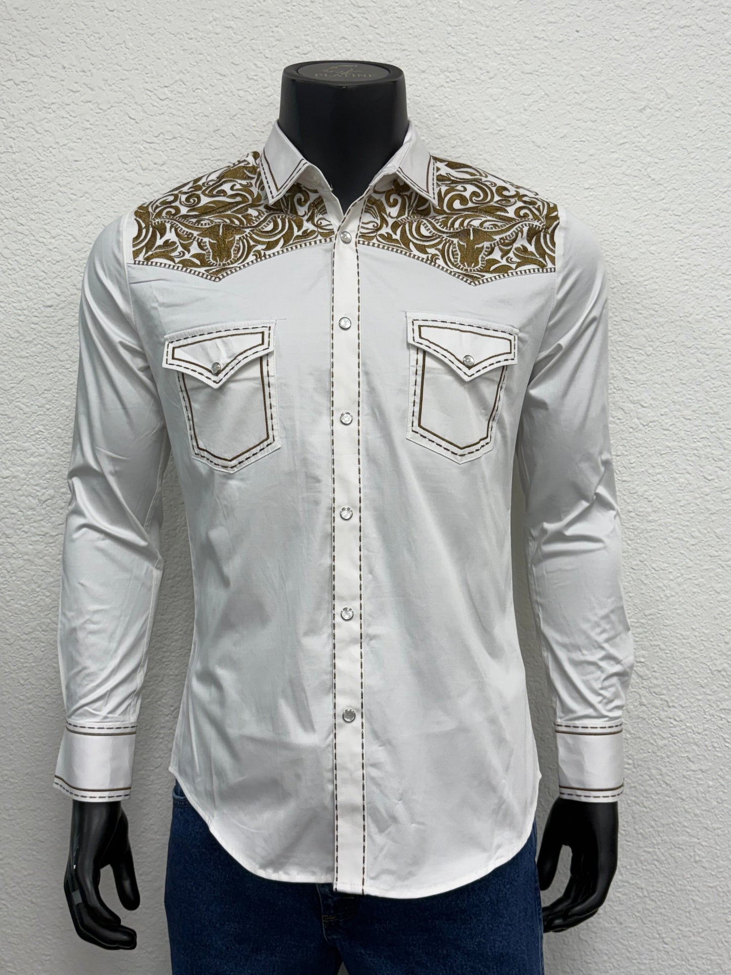 Montero Mens Western Embroidered Bull Long Sleeve Shirt - Black, Navy, White