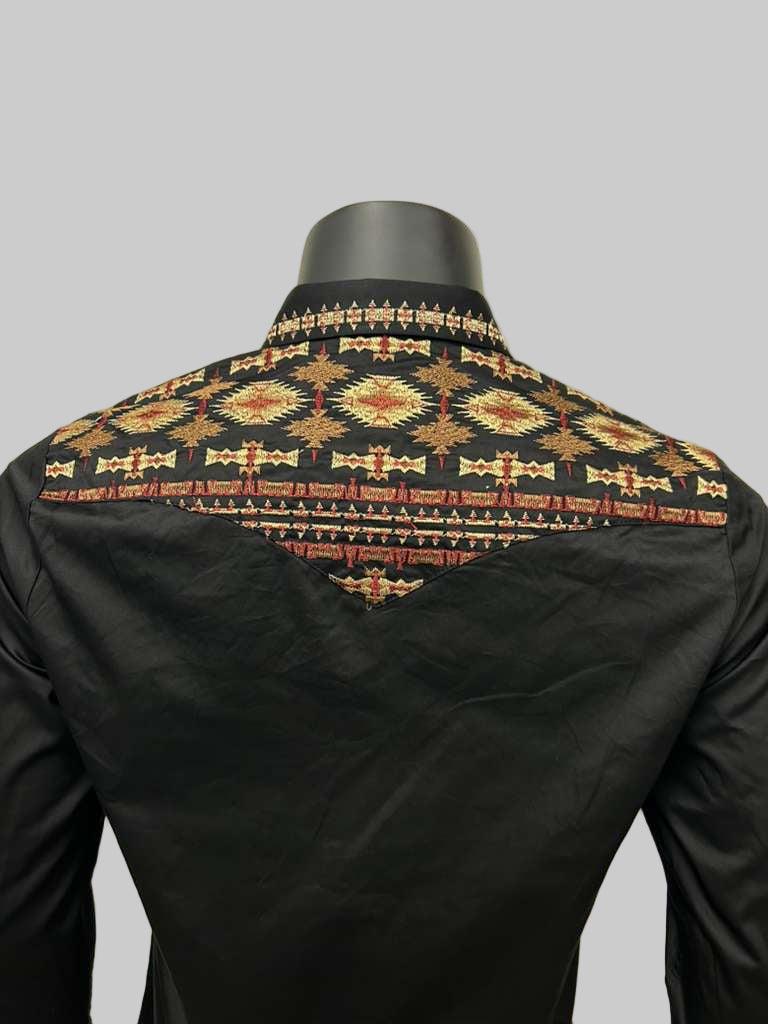 Lamasini Mens Aztec Style Embroidery Long Sleeve Shirt - Black, Navy, White, Olive