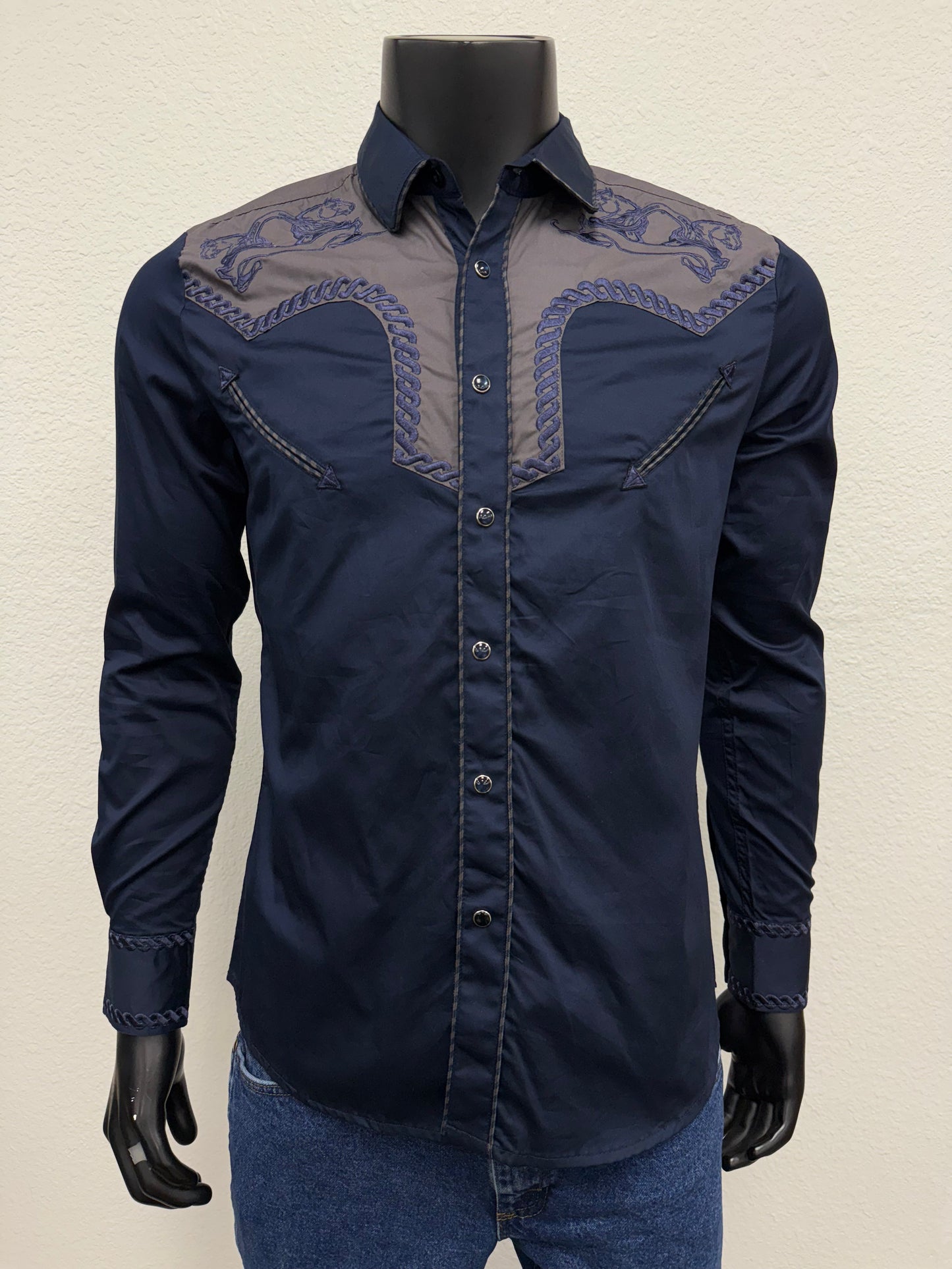 Montero Mens Western Horse Embroidered Long-Sleeve Shirt - Black, Navy