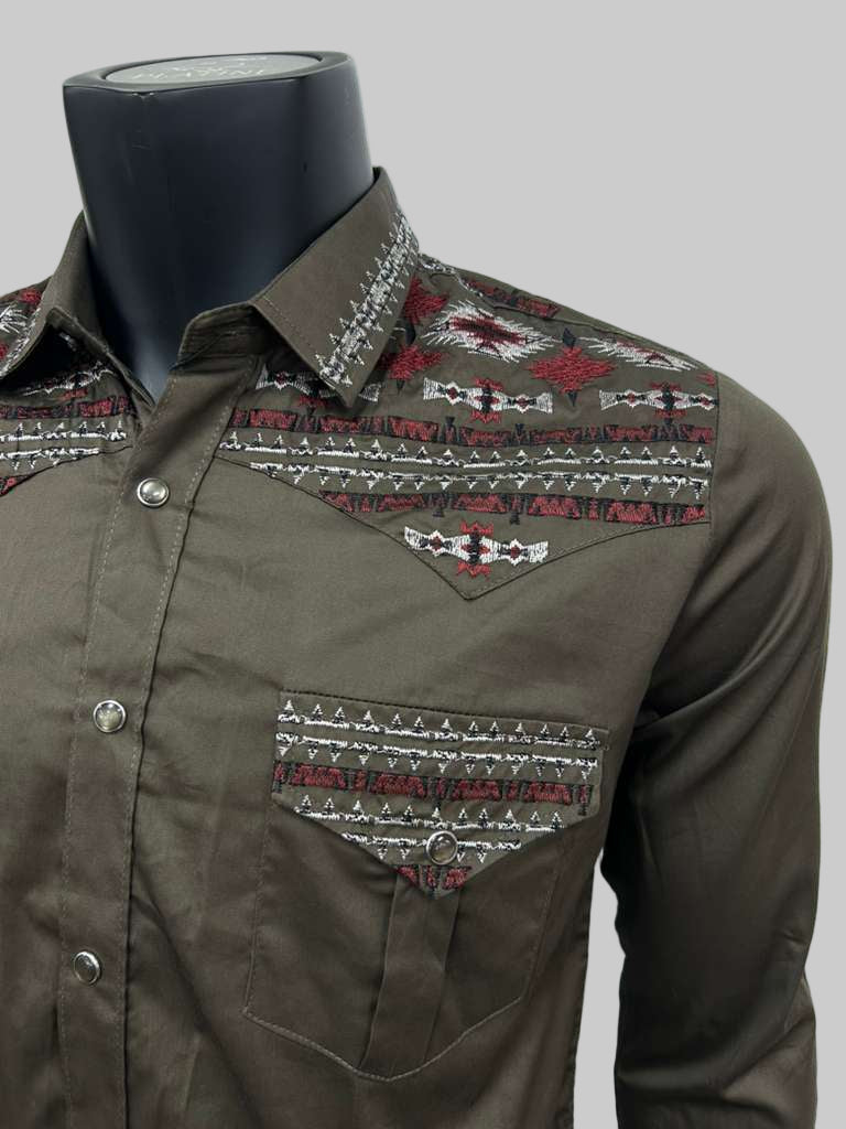 Lamasini Mens Aztec Style Embroidery Long Sleeve Shirt - Black, Navy, White, Olive