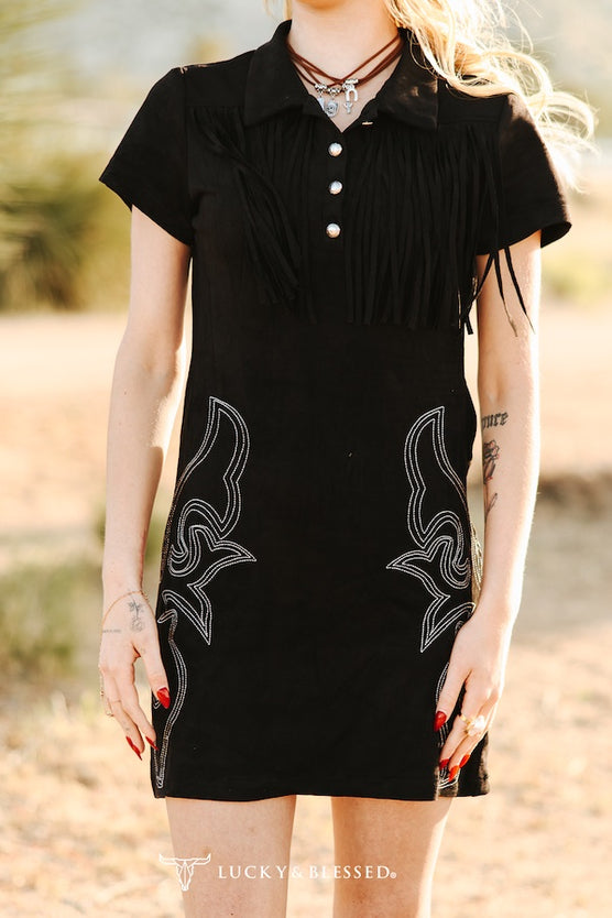 Lucky and Blessed Womens Suede Fringe Concho Button Down Dress - Black