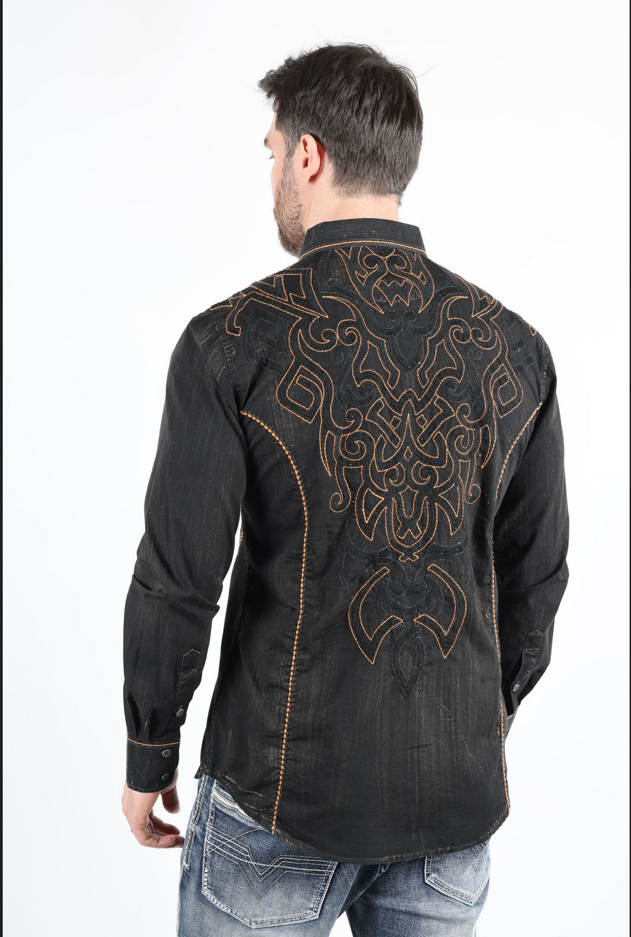 Platini Mens Vintage Washed 2-tone Embroidery Modern Fit Stretch Shirt (Black and Orange)