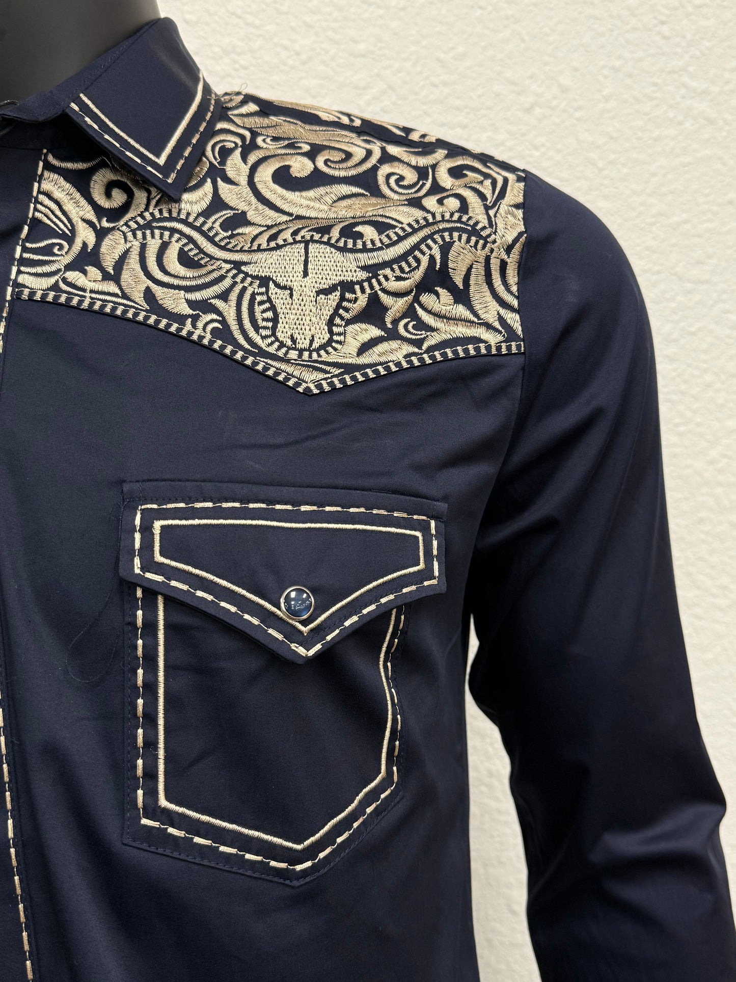 Montero Mens Western Embroidered Bull Long Sleeve Shirt - Black, Navy, White