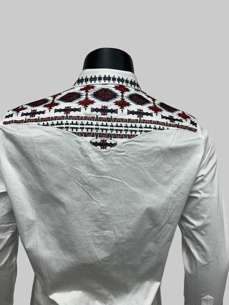 Lamasini Mens Aztec Style Embroidery Long Sleeve Shirt - Black, Navy, White, Olive
