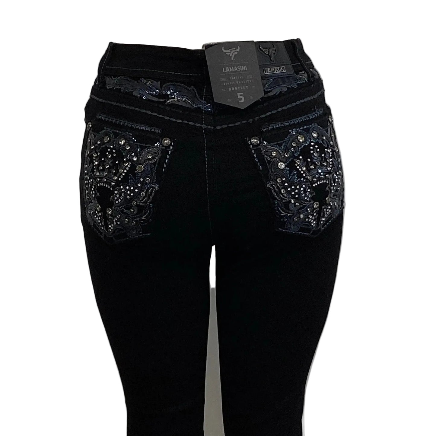 Lamasini Womens Black Bling Crown Bootcut Jean L765 - Blue-Green Studded Pocket)