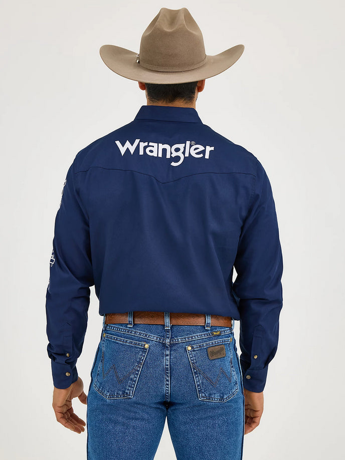 Wrangler Mens Logo Long Sleeve Button Down Solid Shirt (Navy)