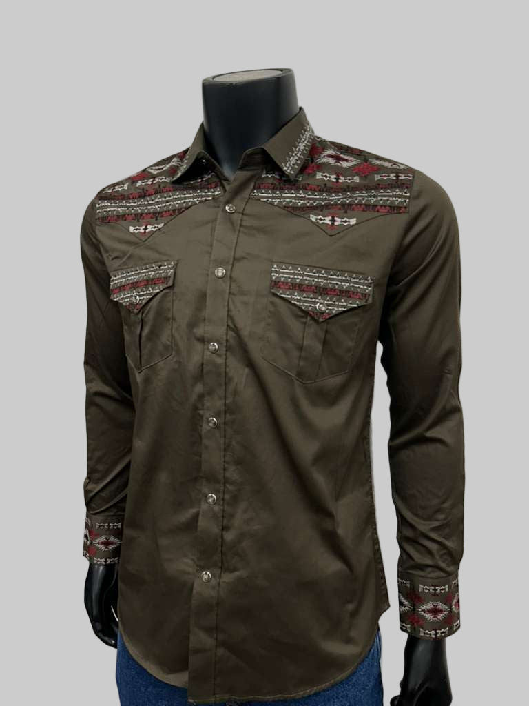 Lamasini Mens Aztec Style Embroidery Long Sleeve Shirt - Black, Navy, White, Olive