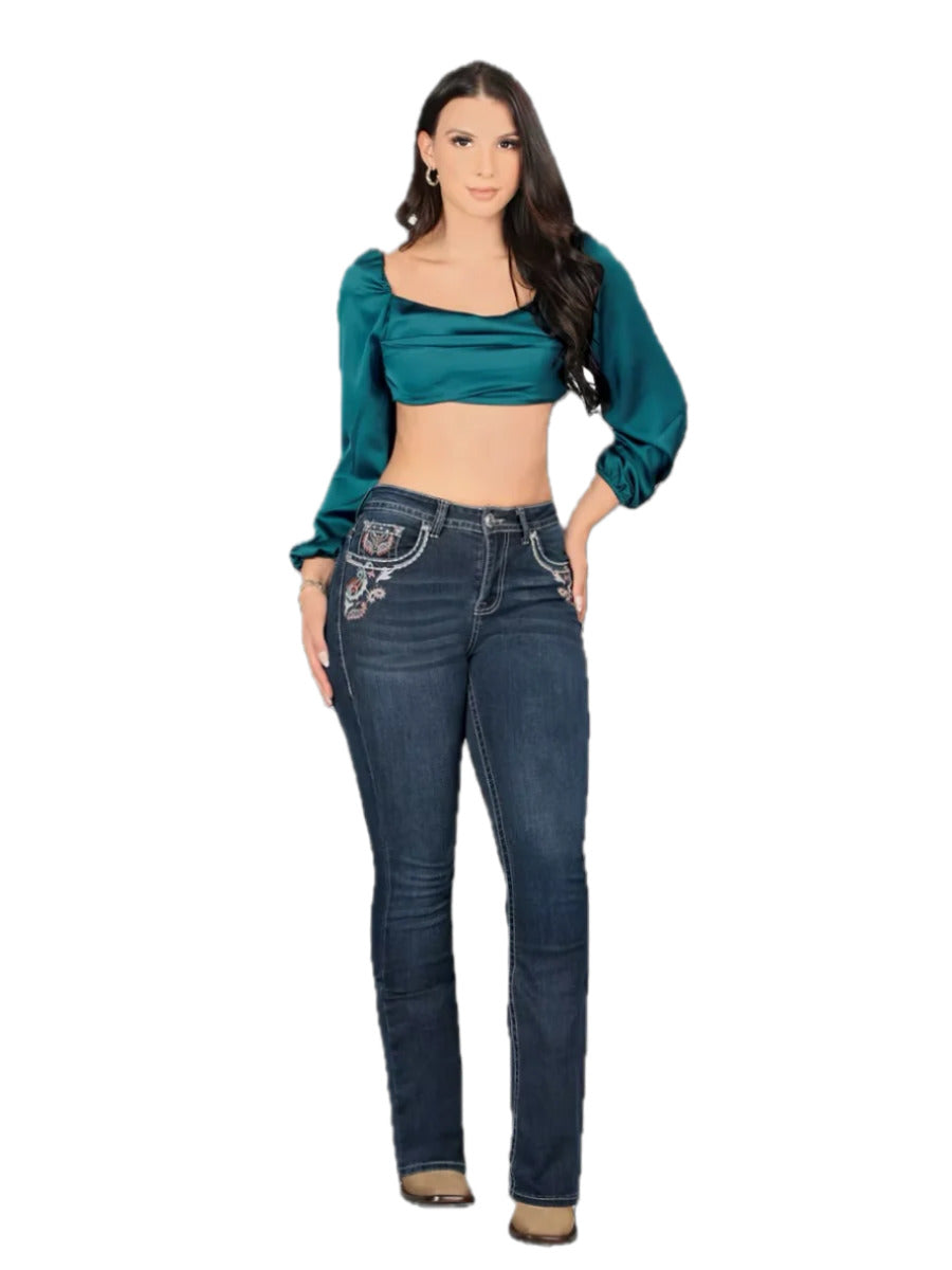 Lamasini Womens Emroidered Leaf Bootcut Jeans - Dark Blue
