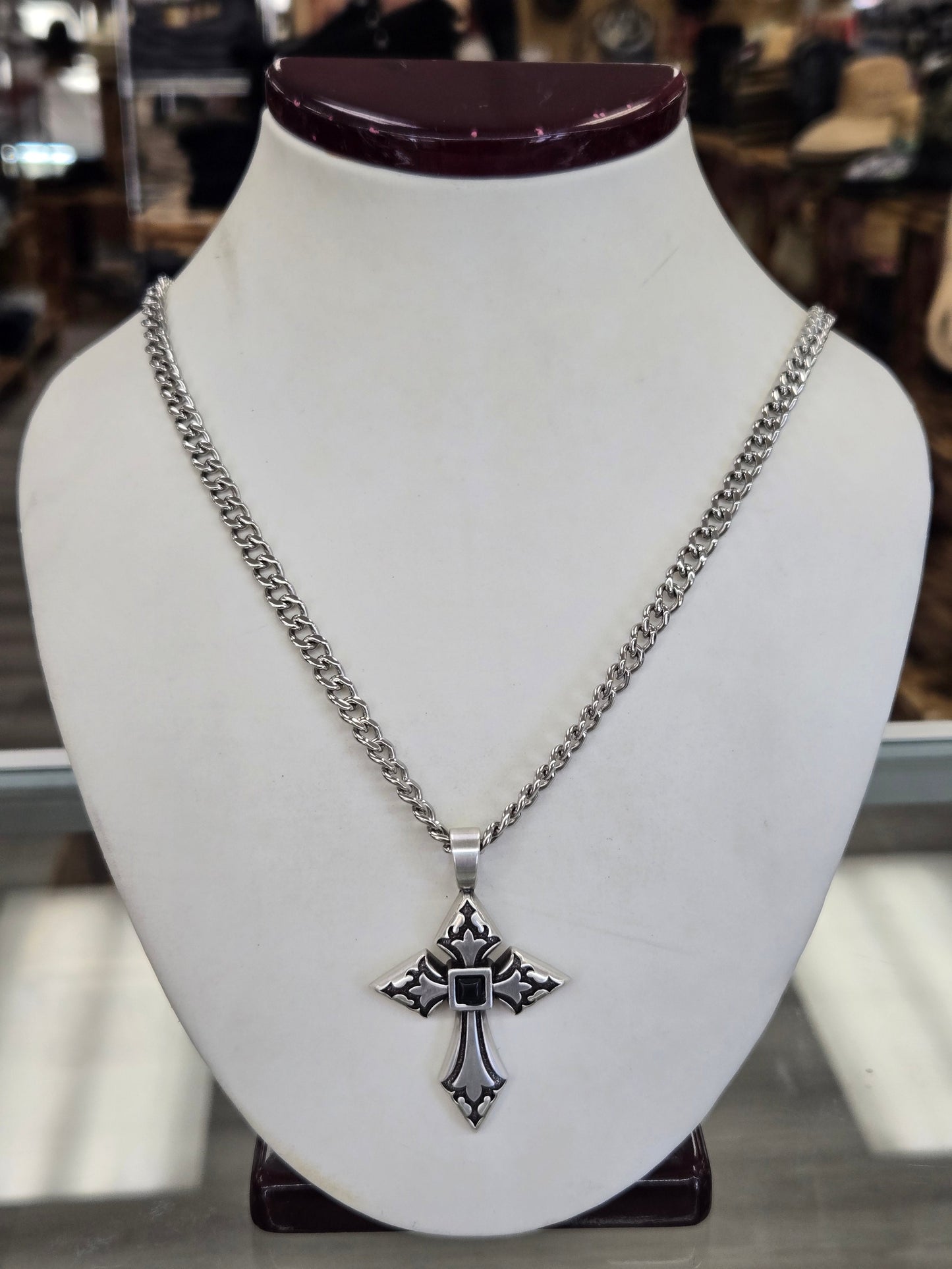 Twister Engrave Cross Pendant Black Stone Necklace