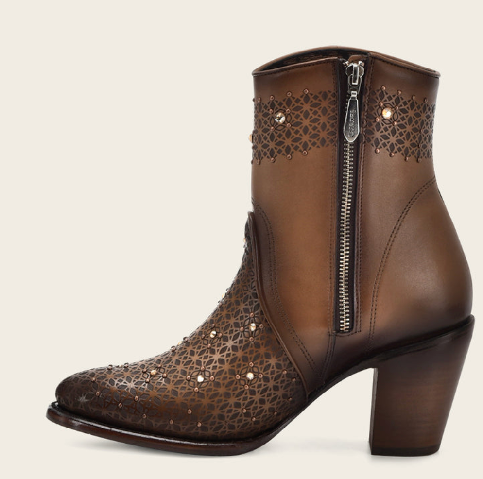 Cuadra Womens Perforated with Crystals High Heel Bootie - Brown